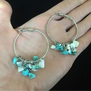 Vintage Turquoise Blue & White Rock Silver Tone Hoop Earrings